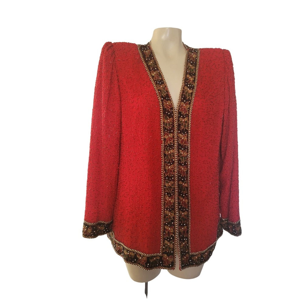 Laurence Kazar Red Beaded Silk Evening Jacket Vintage Open Front Cardigan L